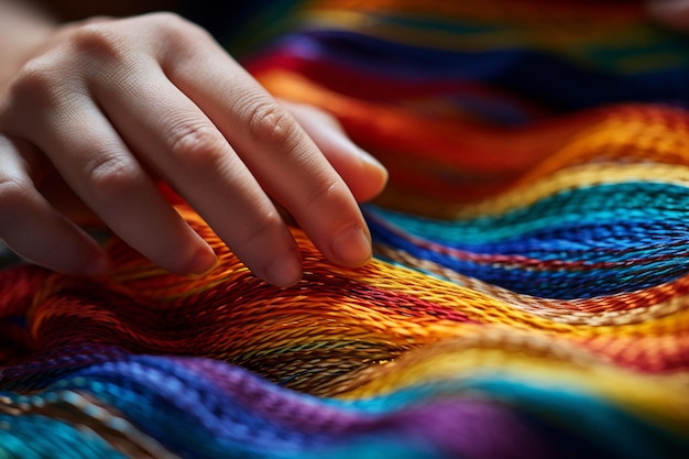 haft na tkaninie, zbliżenie kolorowych nici